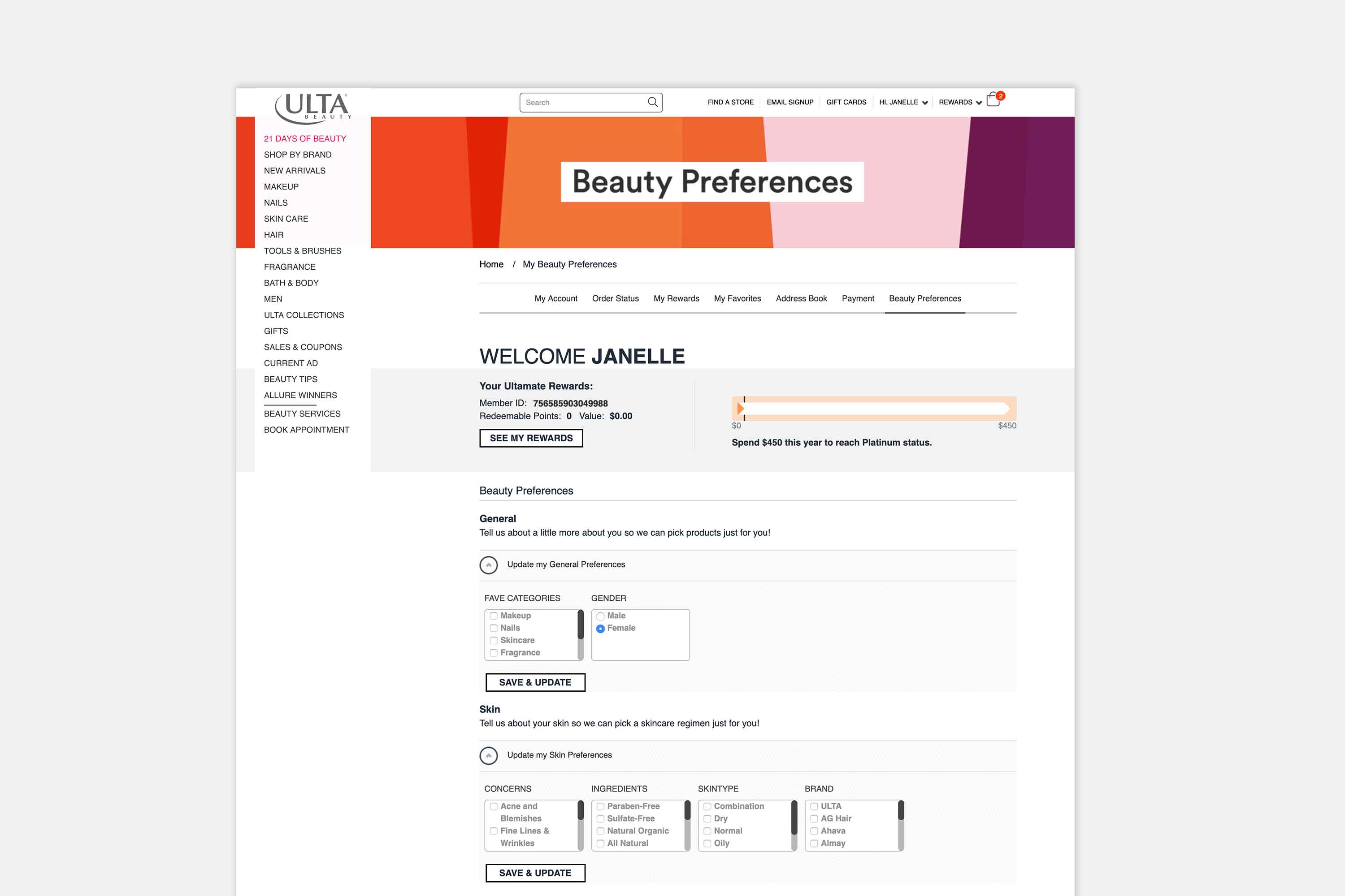 Ulta existing page design