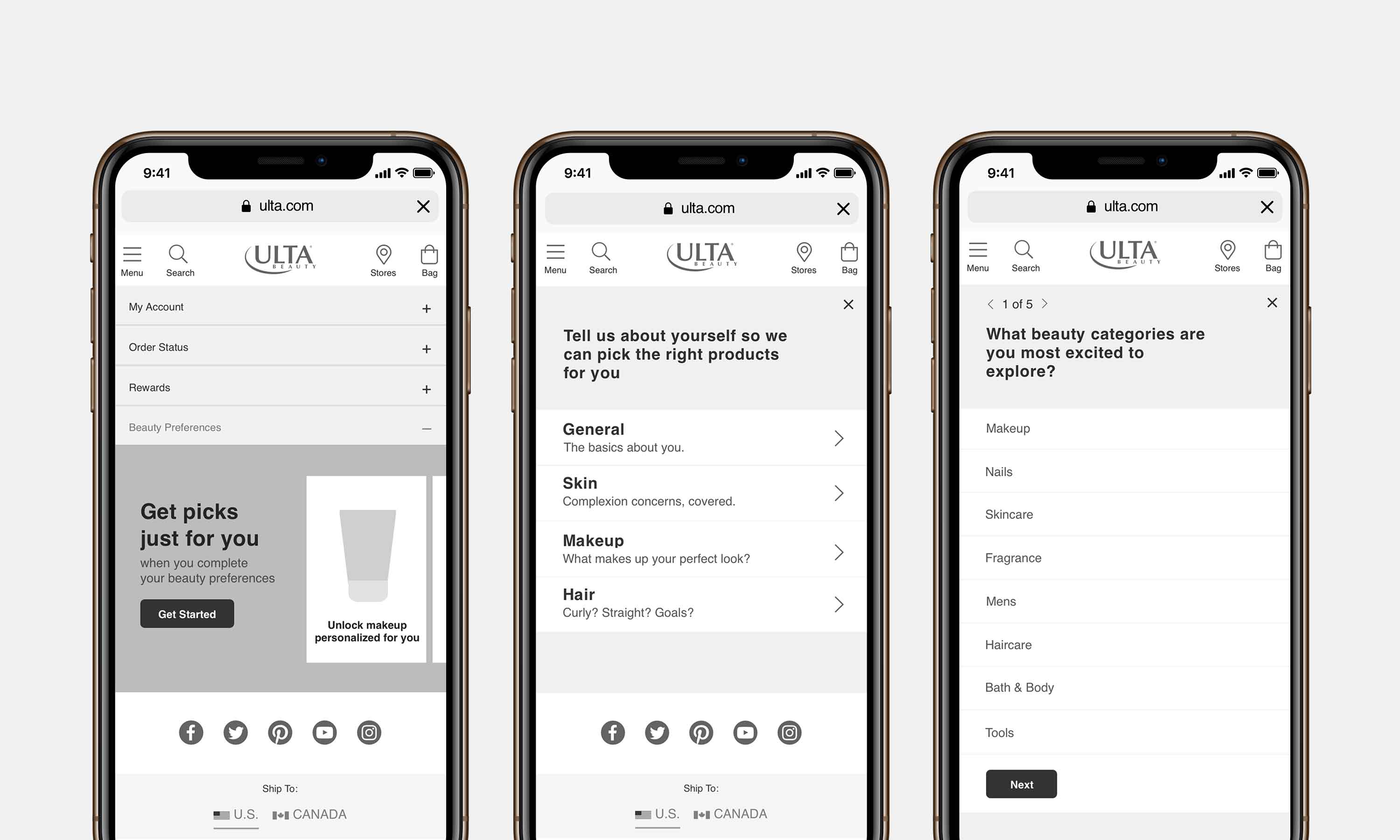 ulta beauty preferences quiz mobile wireframe